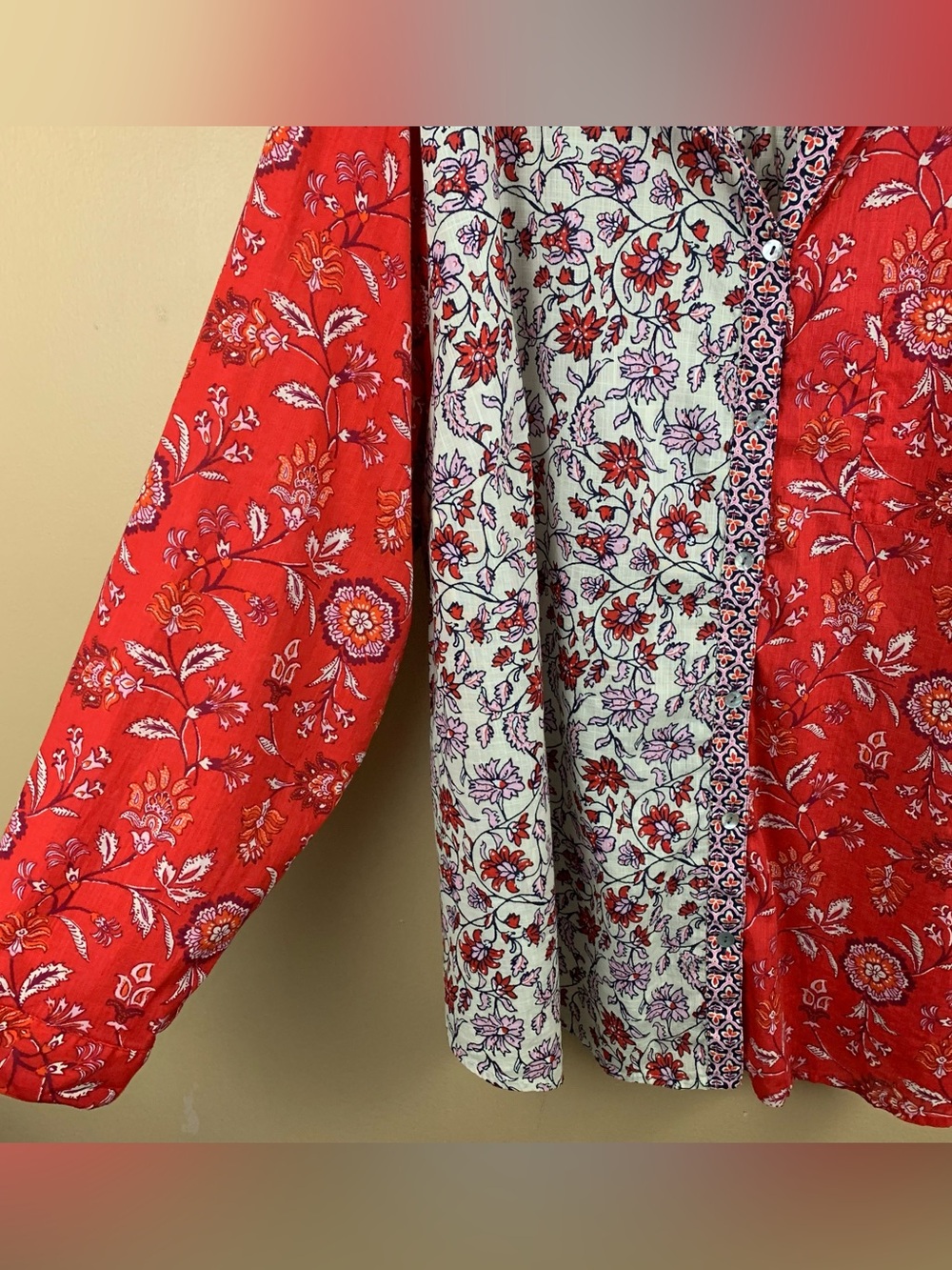 J Jill Shirt Womens 4X Red Colorblock Floral Button Up Cotton Long Sleeve Boho - Picture 6 of 12